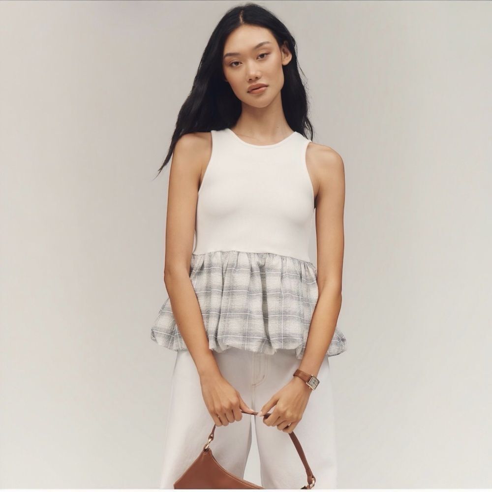 NWT Anthropologie Top Maeve Bubble Peplum Tank White Grey Size Small